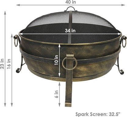 Sunnydaze 34-Inch Steel Large Fire Pit for Outside - Wood-Burning Fire Pit Bowl for Outdoors with Spark Screen, Log Poker, and Grate