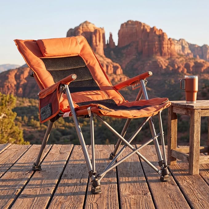 Adjustable Folding Beach Chair, Portable Camping Chair for Adults with Footrest, Reclining Outdoor Chair with Cup Holder & Pocket, Foldable Low Beach Chair for Camping, Picnic, Travel, Orange