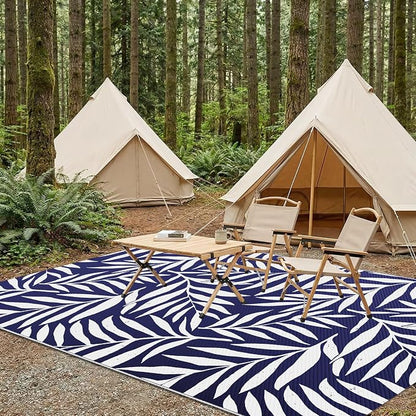Smiry Outdoor Rug 5x8 ft Waterproof Reversible Leaf Mat, Navy & White | Polypropylene Plastic Straw, Quick Drying, Lightweight Foldable, for Patio, Deck, RV Camping, Backyard and Indoor Outdoor Use