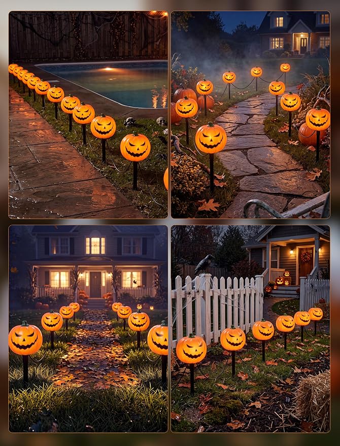 7FT Outdoor Halloween Pathway Lights, Set of 4 Smiley Pumpkin Stakes Lights | Waterproof, Connectable Halloween Pumpkin Sidewalk Lights Plug in for Garden Yard Lawn Walkway Driveway Halloween Decorations