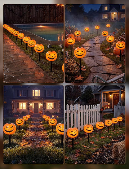7FT Outdoor Halloween Pathway Lights, Set of 4 Smiley Pumpkin Stakes Lights | Waterproof, Connectable Halloween Pumpkin Sidewalk Lights Plug in for Garden Yard Lawn Walkway Driveway Halloween Decorations