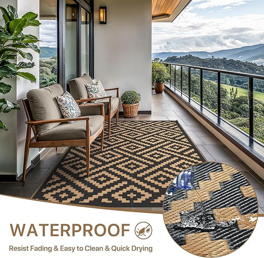 GENIMO Outdoor Rug, Waterproof Plastic Rugs for Patio, 6'x9' Black Brown | Outside Larger Modern Carpet Mat for Porch Decor, Deck, Balcony, Camping, RV, Backyard, Picnic, Beach, Reversible, Foldable