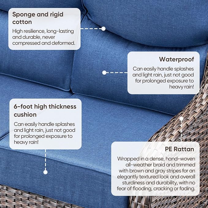 Luxury Patio Sofa 3-Seat Wicker Couch with 6" Thick Cushion - Outdoor Furniture Rattan Sofa with Deep Seating High Back Outdoor Sofa for Patio Garden Balcony Sunroom Backyard, Brown | Blue
