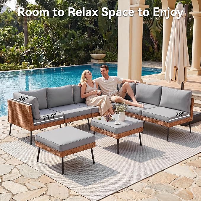 Aoxun 8-Piece Patio Furniture Set, Wicker Outdoor Furniture with Water Resistant Thick Cushions, Patio Conversation Set Outdoor Sectional Sofa with Coffee Table for Backyard Poolside, Light Grey