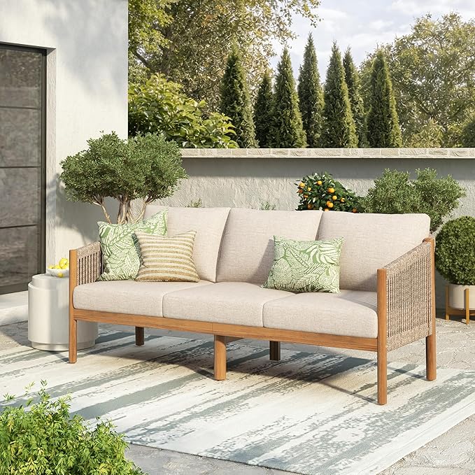 Christopher Knight Home Bubi Acacia Wood Outdoor 3 Seater Sofa with Cusion, Solid Wood Patio Sofa with Woven Rope Accents, Comfy Lounge Sofa for Patio Furniture Set, Teak+Beige