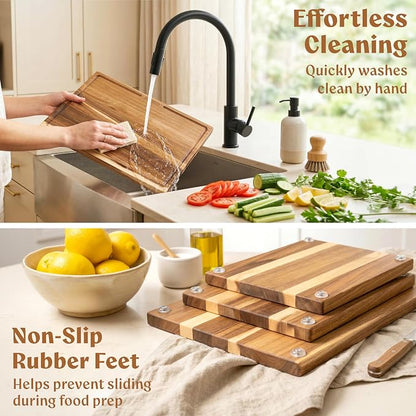 Acacia Wood Cutting Boards for Kitchen Set of 3, Juice Groove | Non Toxic Wooden Chopping Boards, Knife Friendly, Large Kitchen Boards for Meat, Cheese, Charcuterie & Serving