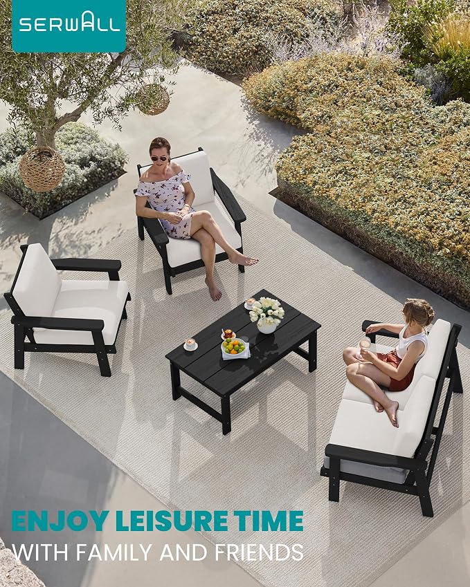 SERWALL Outdoor Loveseat, Black Frame and Khaki Cushion