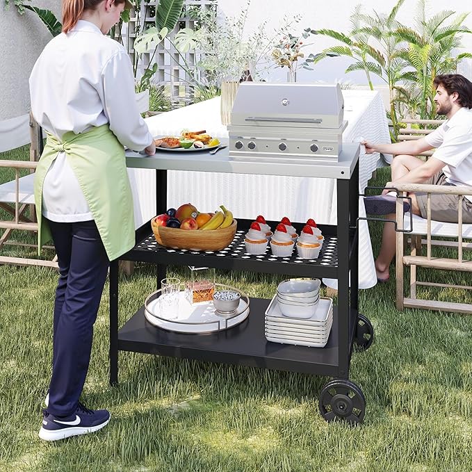 3-Tier Outdoor Grill Table Stainless Steel BBQ Prep Cart with Storage, Rolling Grill Stand for Pizza Oven, Outdoor Kitchen Prep Table with Wheels