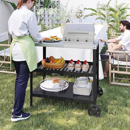 3-Tier Outdoor Grill Table Stainless Steel BBQ Prep Cart with Storage, Rolling Grill Stand for Pizza Oven, Outdoor Kitchen Prep Table with Wheels