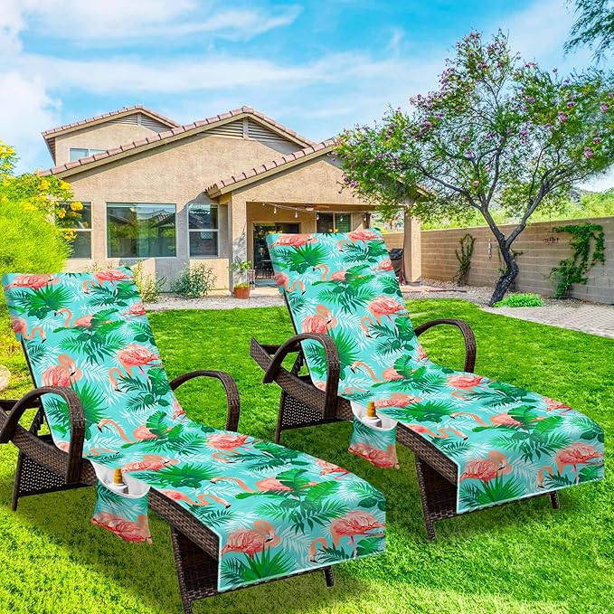 Beach Chair Cover (1Pc), Lounge Chair Covers with Side Pockets 85 x 30，Thick and Quick Dry Lounge Chair Towel Cover for Sun Lounger, Pool Beach Garden Outdoor Tanning Chair Cover,Flamingo Theme
