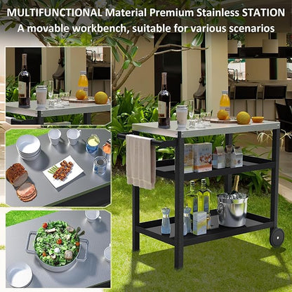 TORVA Outdoor Prep Grill Cart, Honeycomb Style Wear-Resistant Tabletop with High Load-Bearing Portable BBQ Table, HDPE Durable Frame 3-Tier Storage Table, Black