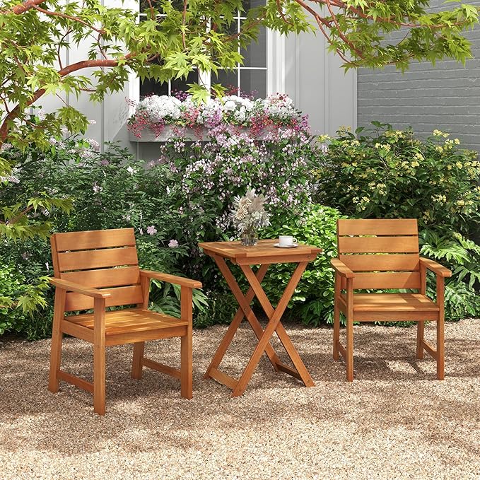 Tangkula Set of 2 Wood Patio Dining Chair, Wood Dining Armchairs with Breathable Slatted Seat & Inclined Backrest, Ergonomic Outdoor Chairs for Backyard, Balcony, Garden