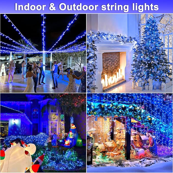 197FT 600 LED Outdoor String Lights, Blue Christmas Lights Indoor | Plug in Waterproof 8 Modes Clear Wire String Twinkle Lights for Bedroom Outside Patio Yard Xmas Party Holiday Decorations