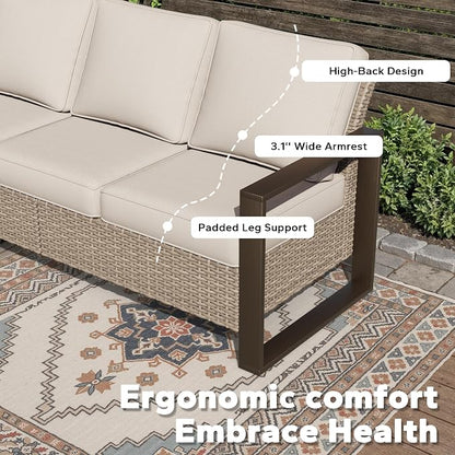 Joyside Outdoor Patio Wicker Sofa, 3-Seater Rattan Sofa with Thick Olefin Cushions and Metal Steel Rectangular Framed Armrest -Looking Metal Armrest Suitable for Garden, Backyard, Porch, Deck, Beige