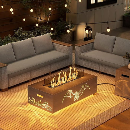 SUNPEAK 42" Propane Fire Pit table with LED Light - 50,000 BTU with Wind Guard, Lid, Rocks and Cover - Gas Fire Pits for Outside Patio - Fire Pit Tables for Outside Patio (Grey/Dragon Cutout, 42" LED)