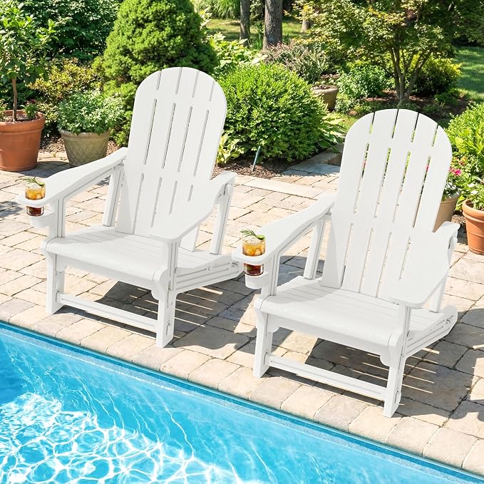 Shintenchi Adirondack Chairs Set of 2,HDPE Adirondack Chairs w/Removable Tablelop & Umbrella Hole,All-Weather Wooden Textured Plastic Outdoor Chairs w/Cup Holders for Garden Backyard Pool,White