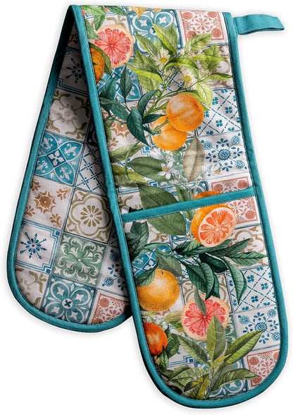Maison d' Hermine Double Oven Mitts 100% Cotton 7"x35" Double Oven Mitt Heat Resistant BBQ Cooking Gloves with Loop Baking Grilling Kitchen Hotel Home Farmhouse Spring Summer (Agrume)