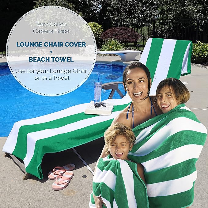 Superior Cabana Cotton Lounge Chair Cover, Outdoor Towel/Chaise Furniture Covers, Terry Cloth, Beach, Spa, Swim Accessories, Pool Chair Cover, Soft, Quick Drying, 32" x 102", Set of 2, Green