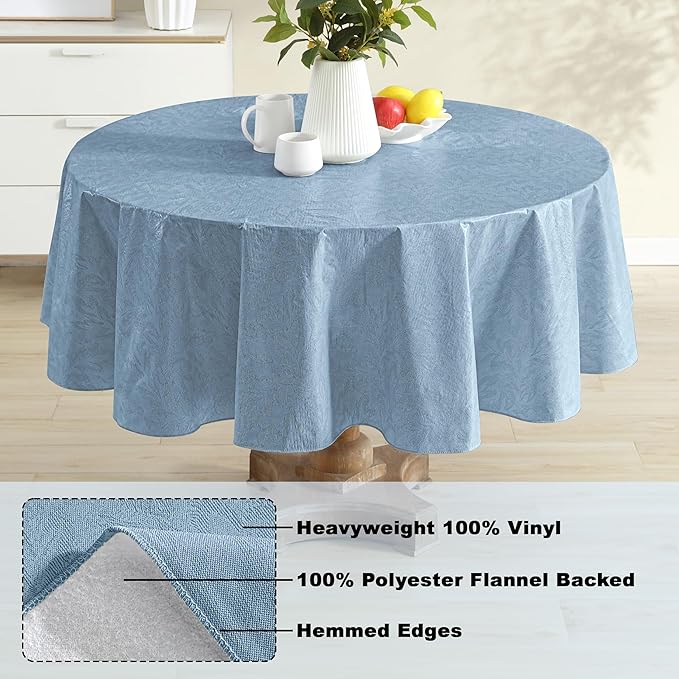 Newbridge Napa Leaf Blue Vinyl Flannel Backed Tablecloth, 70 Inch Round, Hotel Quality Waterproof Indoor Outdoor Table Cover for Kitchen, Patio, Dining, BBQ
