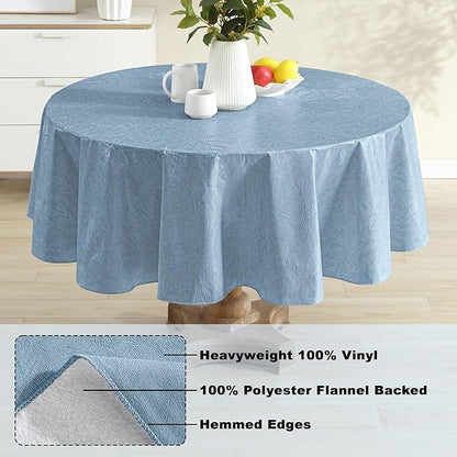 Newbridge Napa Leaf Blue Vinyl Flannel Backed Tablecloth, 70 Inch Round, Hotel Quality Waterproof Indoor Outdoor Table Cover for Kitchen, Patio, Dining, BBQ