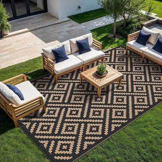 GENIMO Outdoor Rug, Waterproof Plastic Rugs 10'x14' for Camping Black Brown | Outside Larger Modern Carpet Mat for Patio Decor, RV, Porch, Camper, Deck, Picnic, Beach, Backyard, Reversible, Foldable