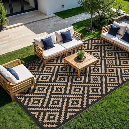 GENIMO Outdoor Rug, Waterproof Plastic Rugs 8'x16' for Camping Black Brown | Outside Larger Modern Carpet Mat for Patio Decor, RV, Porch, Camper, Deck, Picnic, Beach, Backyard, Reversible, Foldable