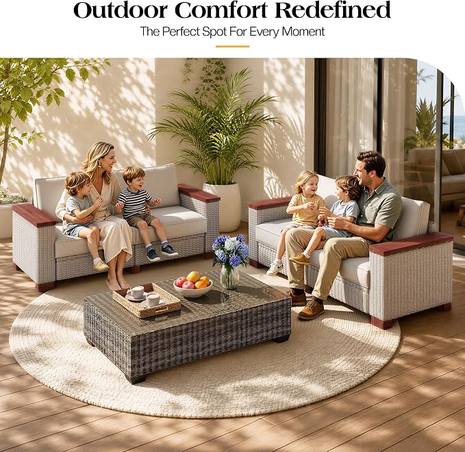 PaPaJet 4-Piece Wicker Patio Furniture Set with Solid Wood Armrest, Outdoor Patio Set with Thick Legs, UV-Resistant Modular Outdoor Sectional Sofa for Backyard, Porch, Garden