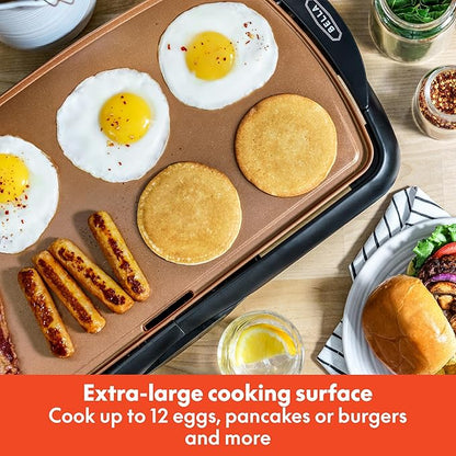 BELLA Electric Ceramic Titanium Griddle, Make 10 Eggs At Once, Healthy-Eco Non-stick Coating, Hassle-Free Clean Up, Large Submersible Cooking Surface, 10.5" x 20", Copper/Black
