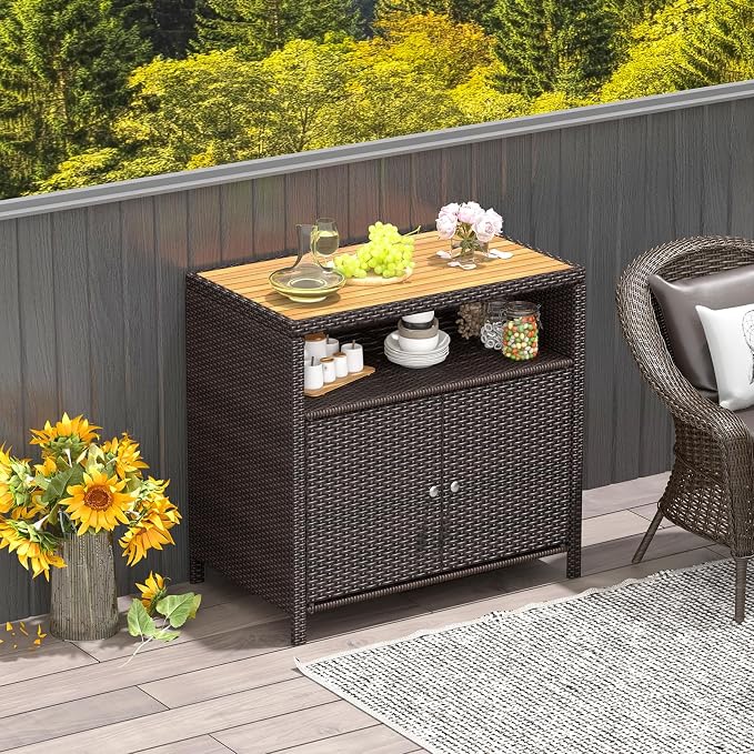 Wicker Outdoor Storage Cabinet, Rattan Patio Bar Table with Acacia Wood Countertop, Open Compartment & 2 Doors, Outdoor Buffet Cabinet Sideboard for Poolside, Garden, Backyard (Mix Brown)