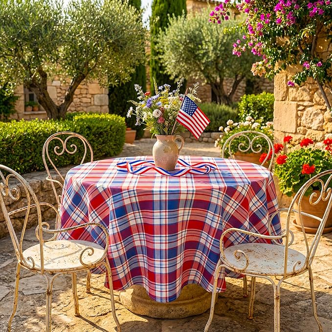 4th of July Red White and Blue Plaid Tablecloth – Waterproof Patriotic Independence Day Table Cover for BBQ, Picnic, Party, Farmhouse Kitchen & Outdoor Decor, 60" Round