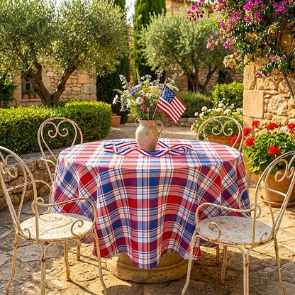 4th of July Red White and Blue Plaid Tablecloth – Waterproof Patriotic Independence Day Table Cover for BBQ, Picnic, Party, Farmhouse Kitchen & Outdoor Decor, 60" Round