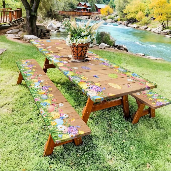 Easter Picnic Table Cover with Bench Covers, Cute Bunny Flower Brown Wooden Board Camping Tablecloth, Waterproof Windproof, Fitted Tablecloth Cover with Elastic Edge, for Outdoor, 3 PCS, 30x72 Inch