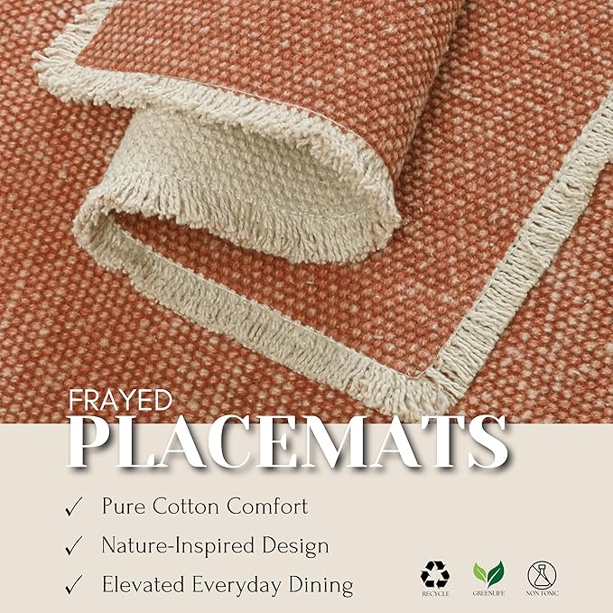 Hausattire Cotton Frayed Placemats Set of 6 Dining Table 13x19 Inch | Rustic Harvest Boho Washable Easter Placemat for Outdoor Parties BBQ's Holiday, Special Occasions, Nubby Cotton - Rust