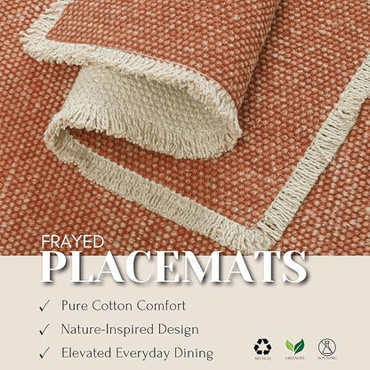 Hausattire Cotton Frayed Placemats Set of 6 Dining Table 13x19 Inch | Rustic Harvest Boho Washable Easter Placemat for Outdoor Parties BBQ's Holiday, Special Occasions, Nubby Cotton - Rust