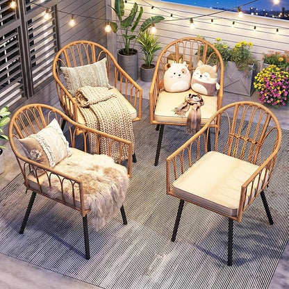 YITAHOME 4 Pieces Rattan Wicker Dinning Chairs, Outdoor Indoor Patio Furniture Set with Cushion and Curved Back All Weather Bistro Chair for Garden Backyard Porch Poolside Restaurant (Beige)