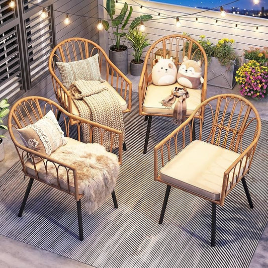 YITAHOME 4 Pieces Rattan Wicker Dinning Chairs, Outdoor Indoor Patio Furniture Set with Cushion and Curved Back All Weather Bistro Chair for Garden Backyard Porch Poolside Restaurant (Beige)