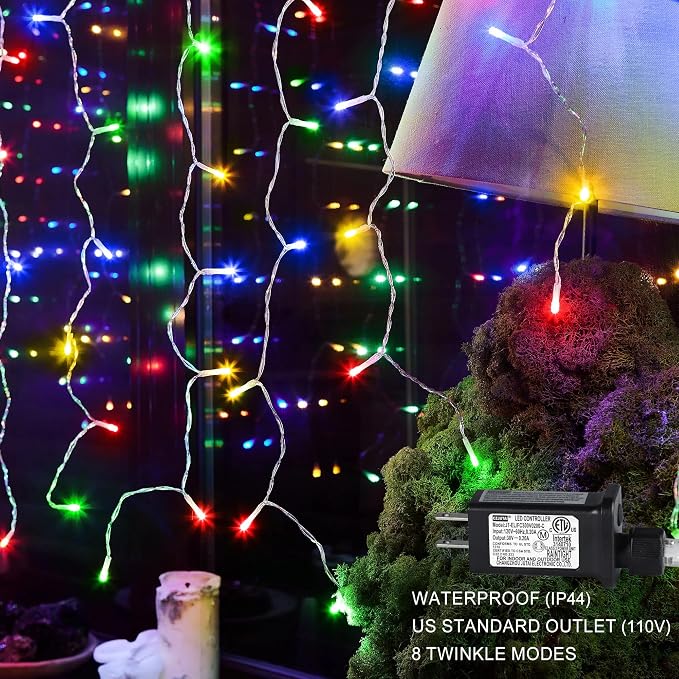 kemooie 400 LED Outdoor Curtain Lights, 26.2FT x 3.3FT Connectable 8 Lighting Modes for Christmas Decorations Bedroom Wall Party Garden Decorations (Multicolor)