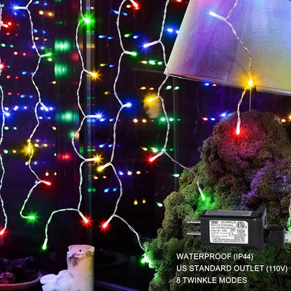 kemooie 400 LED Outdoor Curtain Lights, 26.2FT x 3.3FT Connectable 8 Lighting Modes for Christmas Decorations Bedroom Wall Party Garden Decorations (Multicolor)
