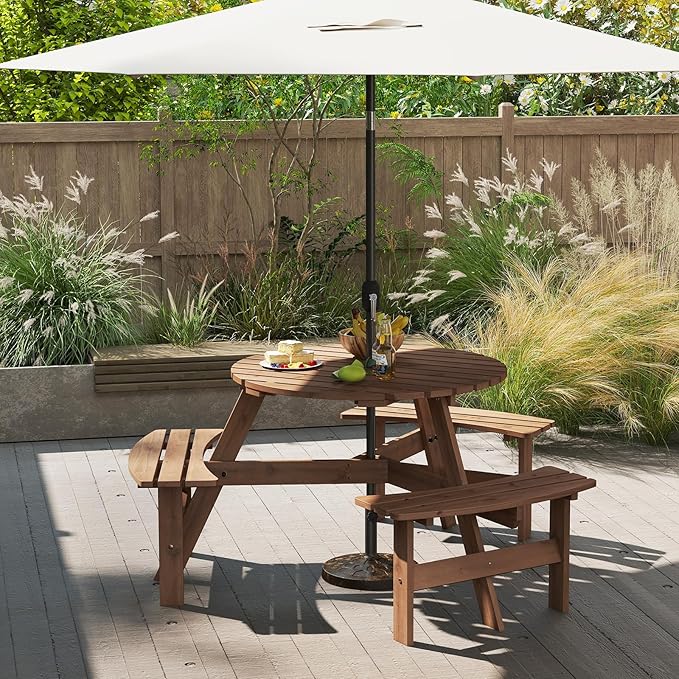 Giantex 6-Person Round Picnic Table Set with 3 Benches, 550 LBS Bench Capacity, 2" Umbrella Hole, Circular Outdoor Wood Dining Table & Chairs for Patio Yard Garden Porch Deck (68”x62”x28”,Brown)