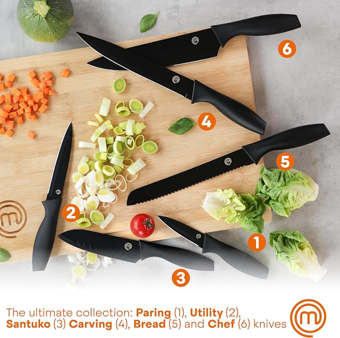 MasterChef Knife Set with Block, 7pc Kitchen Knives Set with Holder, Black | Knife Block Set with Sharp Stainless Steel Blades for Precise Cutting with Non Stick Coating & Soft Touch Easy Grip Handles