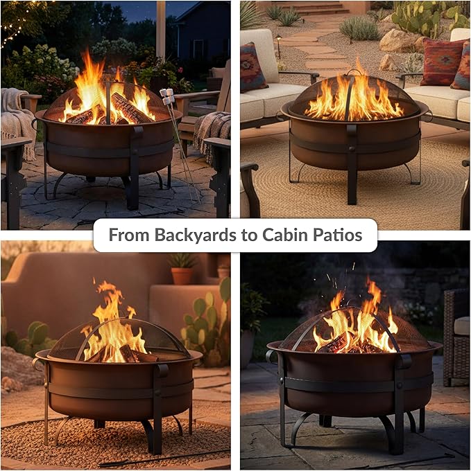 Sunnydaze Cauldron Wood-Burning Outdoor Fire Pit for Patio and Backyard - Round Steel Outside Firepit Bowl with Cover, Removable Ash Pan, Spark Screen, and Poker Tool - Dark Bronze - 29"