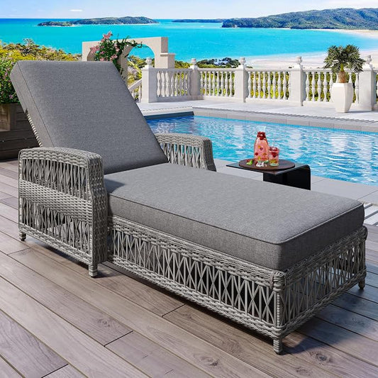 Merax Patio Lounge Chair, Outdoor Rattan Chaise Lounge with 4 Adjustable Backrest and Armrests, All Weather Wicker Reclining Pool Sunbathing Chair & Soft Removable Cushions for Poolside, Garden, Gray