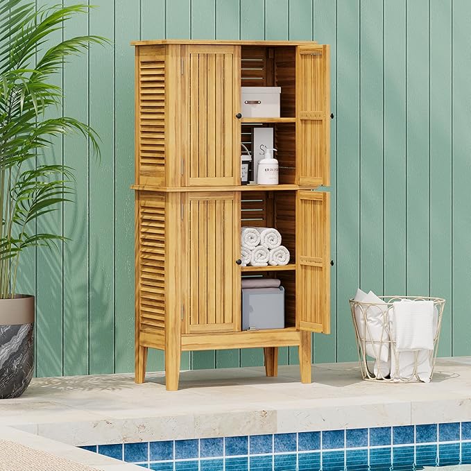Christopher Knight Home Dessa Outdoor Cabinet, Acacia Wood Storage Cabinet, Garden Stool Shed with 4 Shelves, Tools Organizer with 2 Doors for Backyard Garden Balcony, 61.80" Tall Storage Shed, Teak