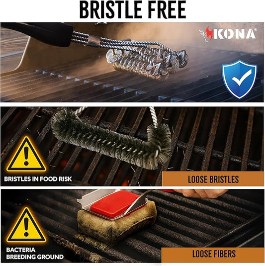 Kona Safe/Clean Grill Brush - Bristle Free BBQ Grill Brush for Outdoor Grill- 100% Rust Resistant Stainless Steel Barbecue Grill Cleaner - Safe for Porcelain, Ceramic, Steel, Cast Iron, Grilling Gift