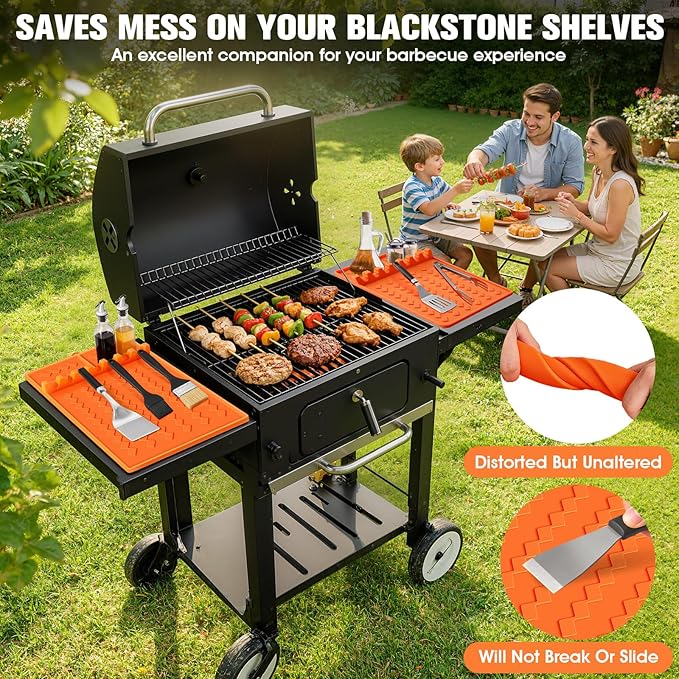 2 Pack Silicone Grill Mat Compatible with Blackstone,Silicone Griddle Tools Mat with Drip Pad, 16.5"x11.5" Side Shelf Spatula Mat for Griddle, BBQ Grill Accessories for Outdoor Dad-Orange