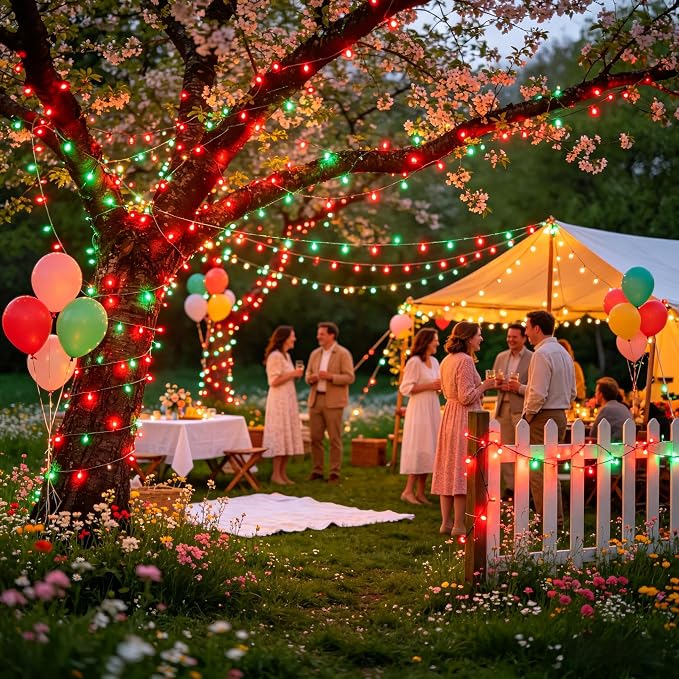 Christmas String Lights Outdoor 240FT 750 LED Red & Green | Dimmable, 12 Light Styles, Memory Timer, Waterproof, 29V Safe Low Voltage, Diamond-Faceted LED, Energy Efficiency