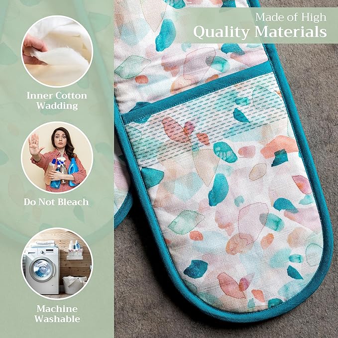 Maison d' Hermine Double Oven Mitts 100% Cotton 7"x35" Double Oven Mitt Heat Resistant BBQ Cooking Gloves with Loop Baking Grilling Kitchen Hotel Home Farmhouse Spring Summer (Summer Picnic)