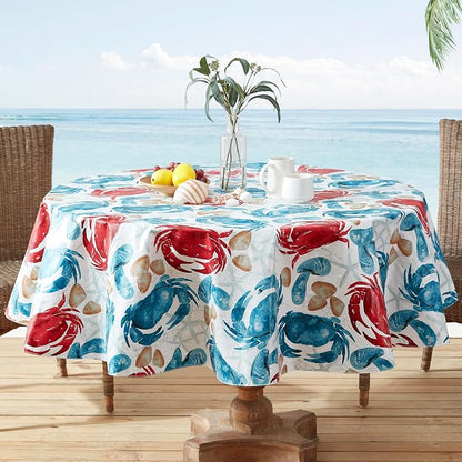 Newbridge Stone Crab Summer Vinyl Flannel Backed Tablecloth, 70 Inch Round, Coastal Crab Print, Waterproof Indoor Outdoor Table Cover, Beach House Nautical Seafood Boil Patio Dining
