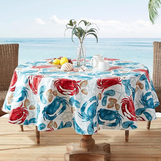Newbridge Stone Crab Summer Vinyl Flannel Backed Tablecloth, 70 Inch Round, Coastal Crab Print, Waterproof Indoor Outdoor Table Cover, Beach House Nautical Seafood Boil Patio Dining