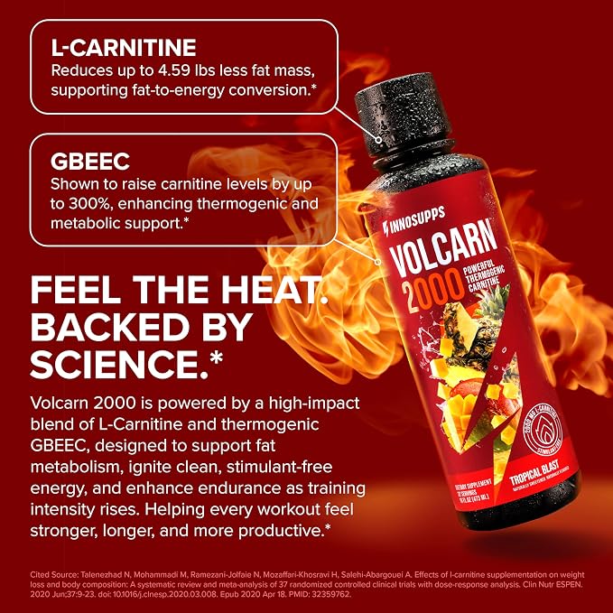 Volcarn 2000 L-Carnitine Liquid Energy, Tropical Blast, 32 Servings | Energy booster and ATP supplement with GBEEC; Enhances focus; Caffeine-free, no artificial sweeteners